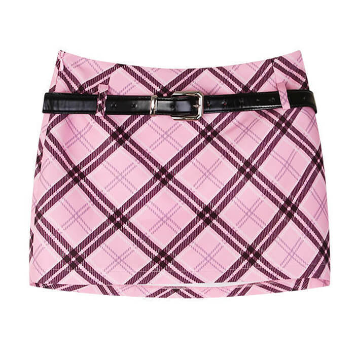 PINK PLAID MINI SKIRT WITH BLACK BELT FOR WOMEN