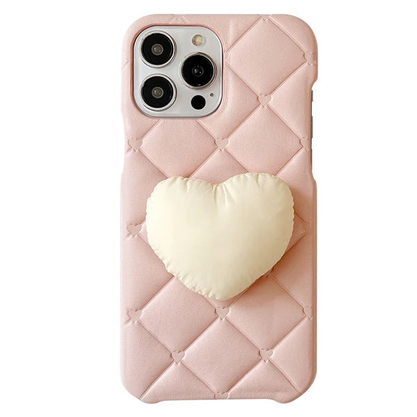 PINK QUILTED HEART PUFFER IPHONE CASE WITH SOFTIE HEART PUFFER DESIGN