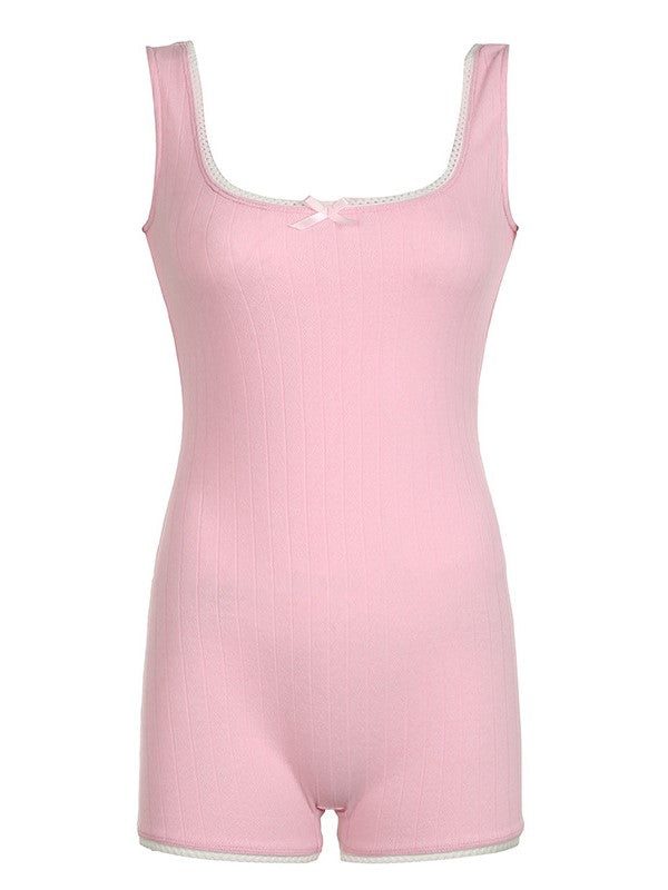 PINK RIBBED ROMPER WITH LACE TRIM SLIM FIT JUMPSUIT