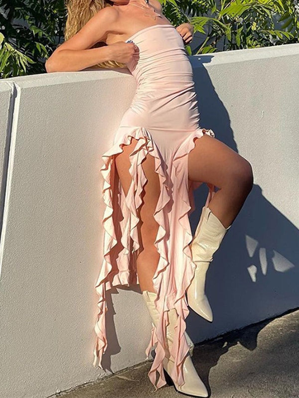 PINK RUFFLED DRESS WITH BANDEAU NECKLINE AND JELLYFISH MAXI STYLE