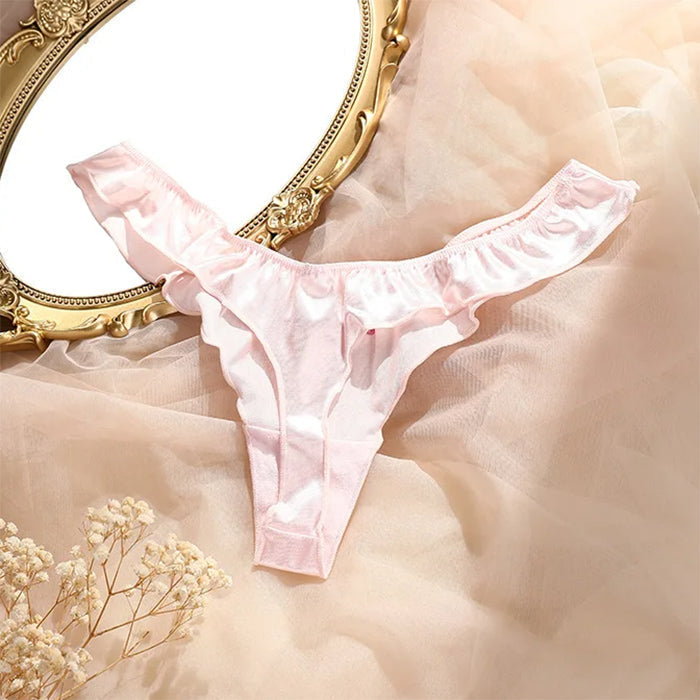 PINK SATIN THONG WITH RUFFLES FOR WOMEN