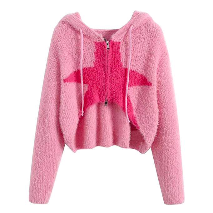 PINK STAR-PATTERNED CROPPED HOODIE FOR WOMEN