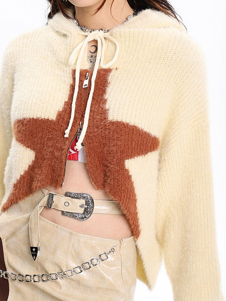 PINK STAR-PATTERNED CROPPED HOODIE FOR WOMEN