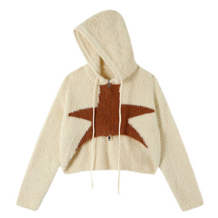 PINK STAR-PATTERNED CROPPED HOODIE FOR WOMEN