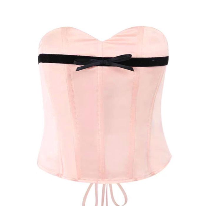 PINK STRAPLESS CORSET WITH BLACK RIBBON FOR PARTY OR COSTUME