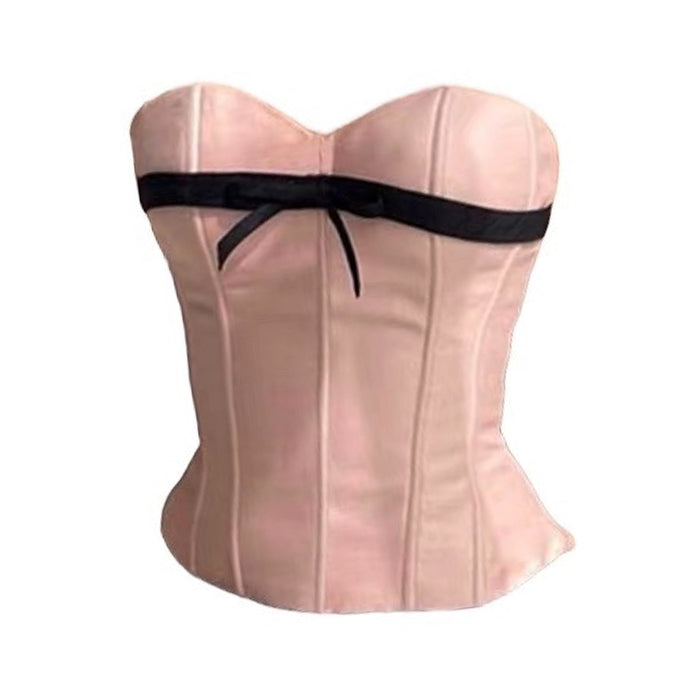 PINK STRAPLESS CORSET WITH BLACK RIBBON FOR PARTY OR COSTUME
