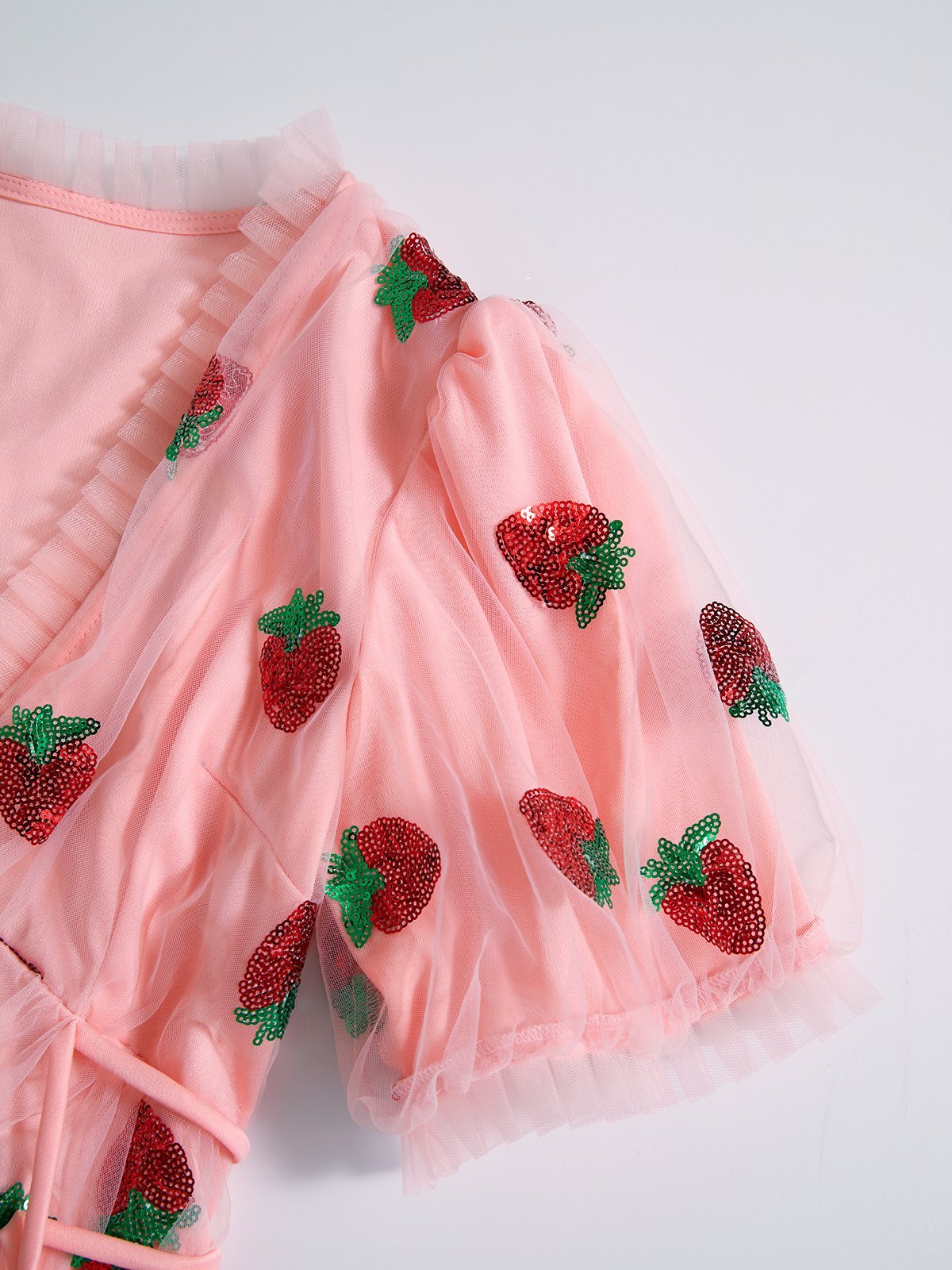 PINK STRAWBERRY-PATTERNED TULLE DRESS WITH SEQUIN STRAWBERRYA ACCENTS