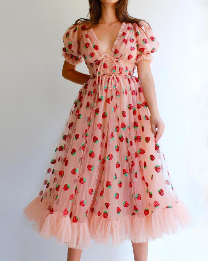 PINK STRAWBERRY-PATTERNED TULLE DRESS WITH SEQUIN STRAWBERRYA ACCENTS