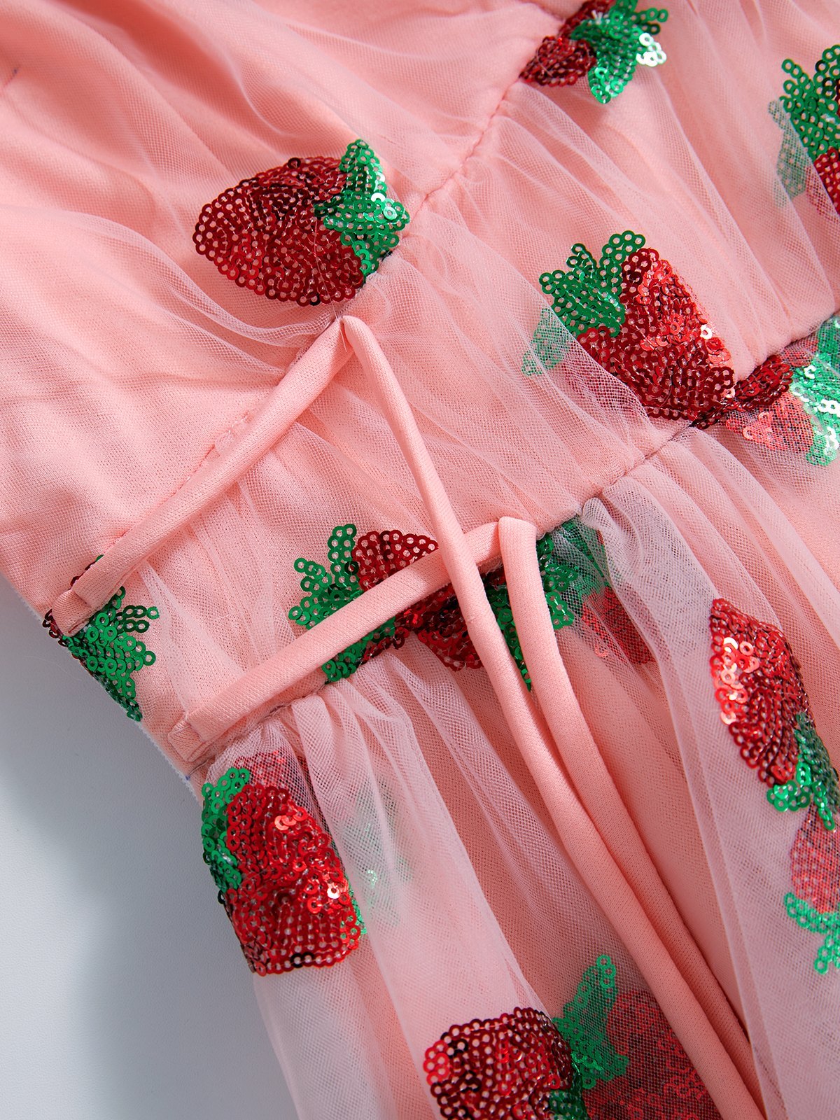 PINK STRAWBERRY-PATTERNED TULLE DRESS WITH SEQUIN STRAWBERRYA ACCENTS