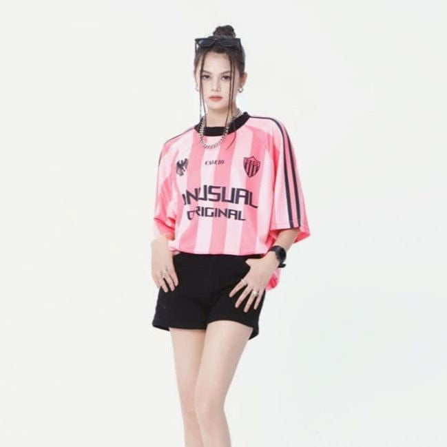 PINK STRIPED SOCCER JERSEY WITH UNIQUE DESIGN