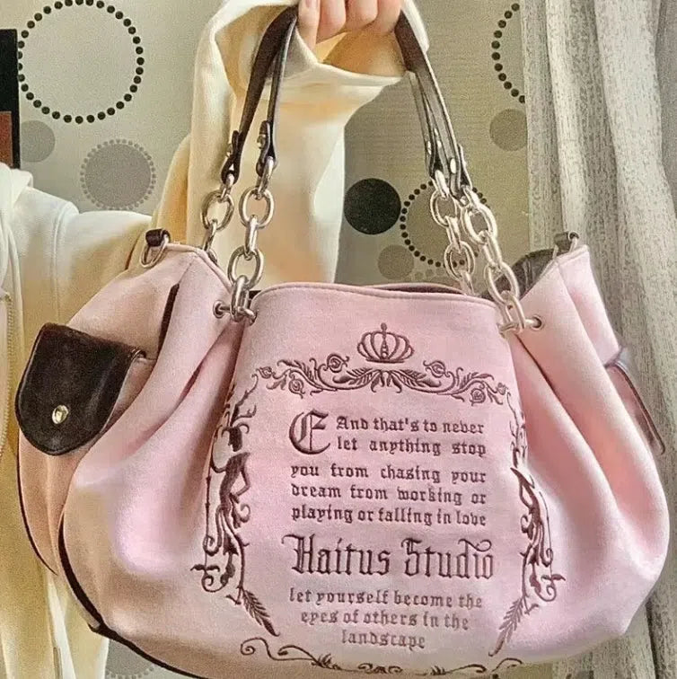 PINK TOTE BAG WITH CHAIN STRAPS - GOTHIC TOTE STYLE