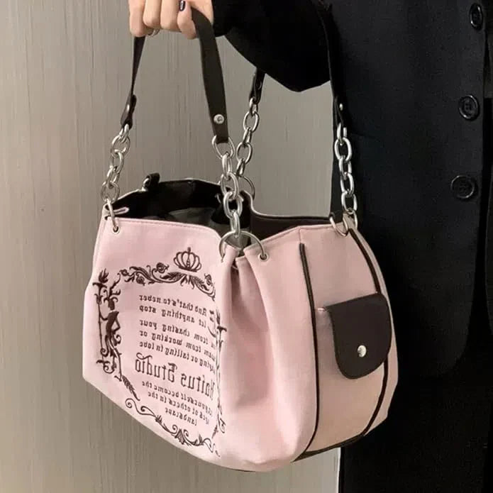 PINK TOTE BAG WITH CHAIN STRAPS - GOTHIC TOTE STYLE