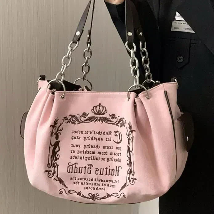 PINK TOTE BAG WITH CHAIN STRAPS - GOTHIC TOTE STYLE