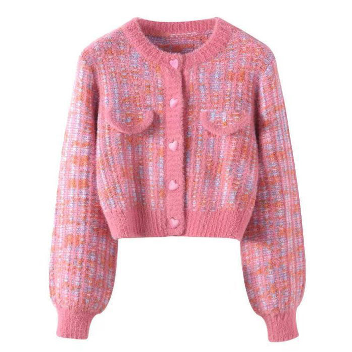 PINK TWEED CARDIGAN WITH HEART BUTTONS FOR WOMEN