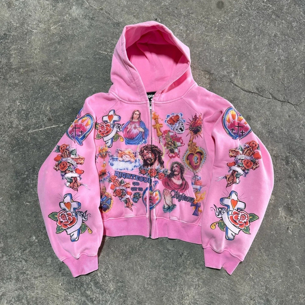 PINK Y2K HOODIE WITH RELIGIOUS IMAGERY AND CLASSIC DESIGN