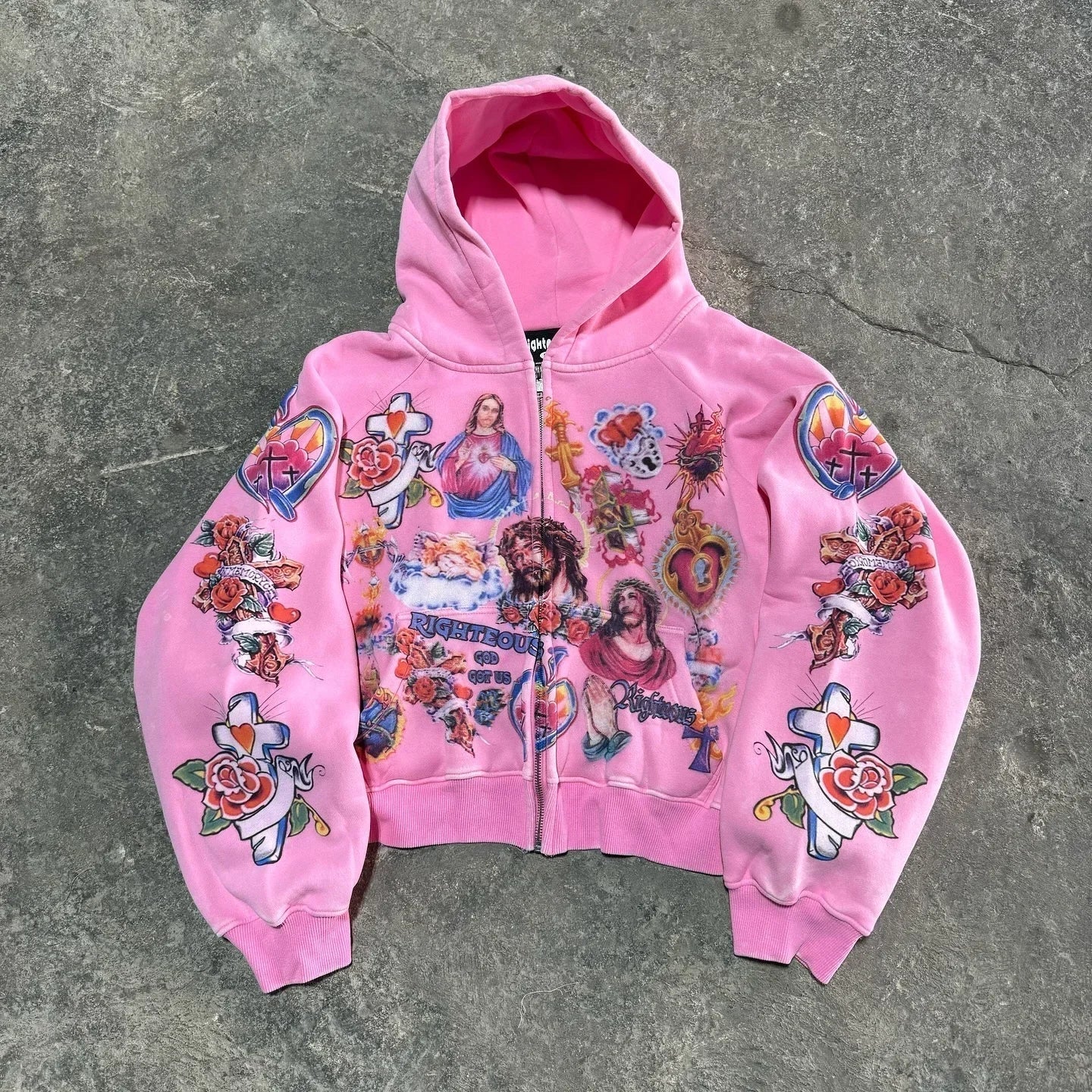 PINK Y2K HOODIE WITH RELIGIOUS IMAGERY AND CLASSIC DESIGN