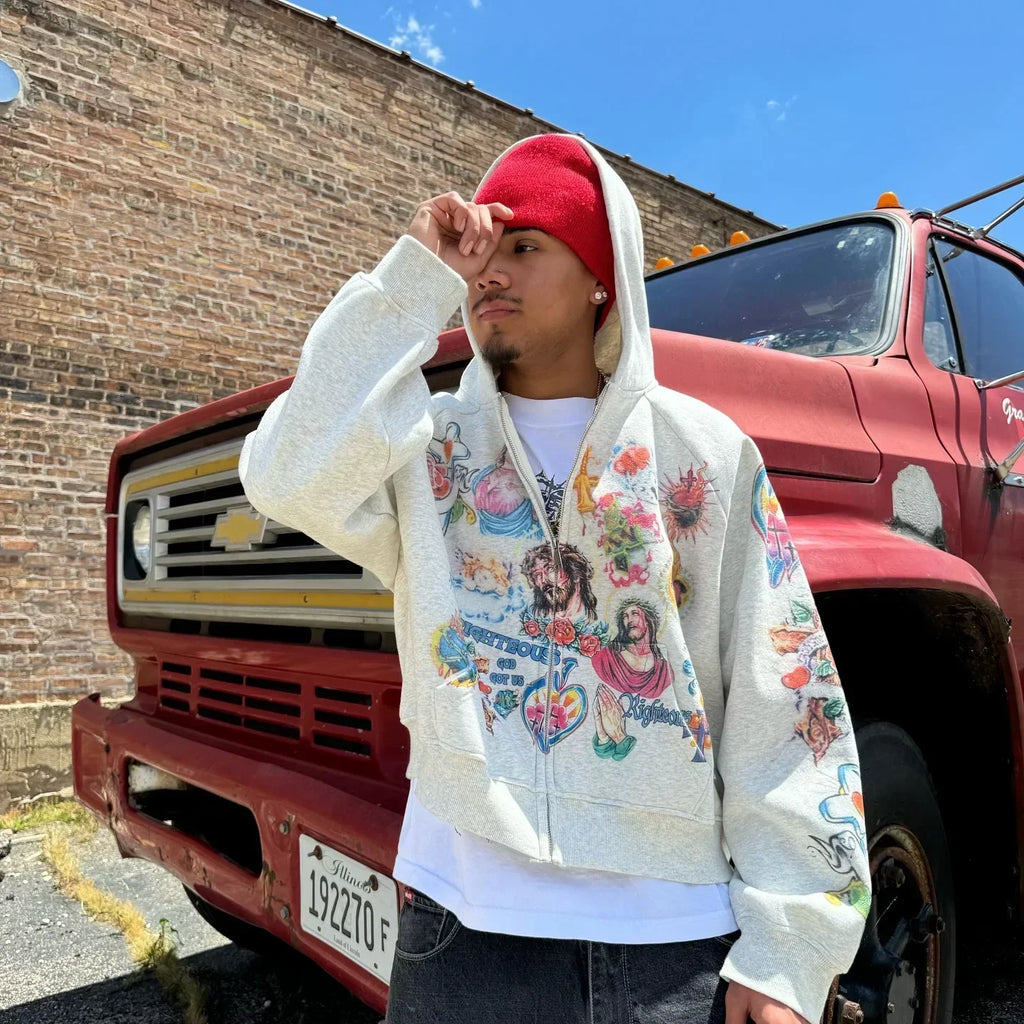 PINK Y2K HOODIE WITH RELIGIOUS IMAGERY AND CLASSIC DESIGN