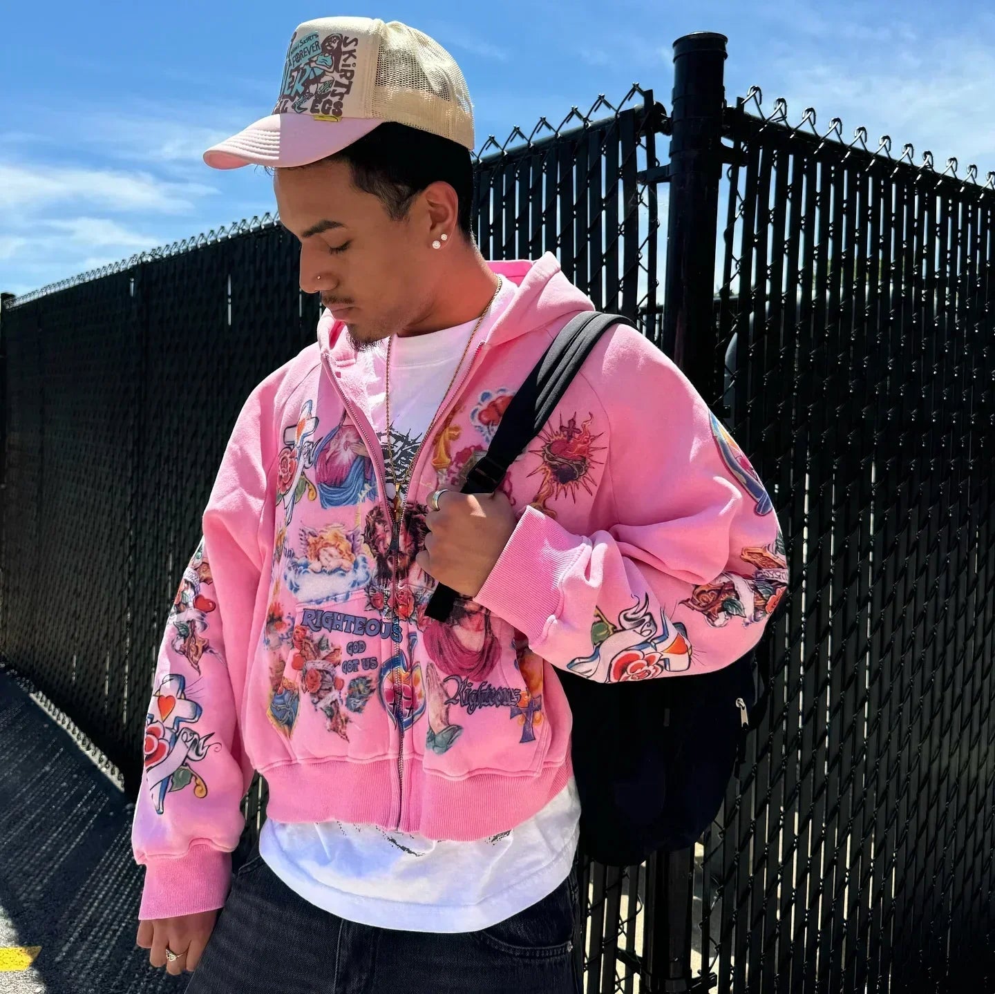 PINK Y2K HOODIE WITH RELIGIOUS IMAGERY AND CLASSIC DESIGN