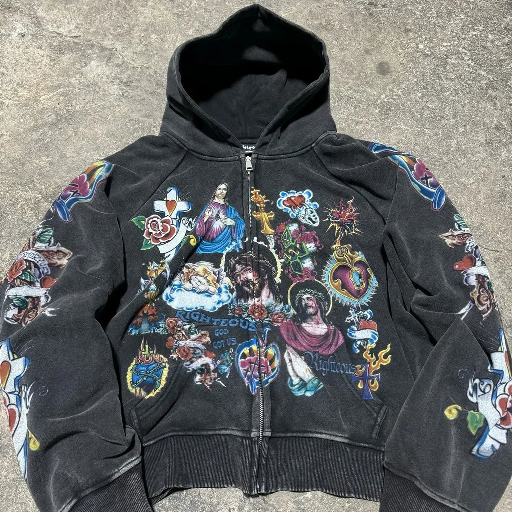 PINK Y2K HOODIE WITH RELIGIOUS IMAGERY AND CLASSIC DESIGN