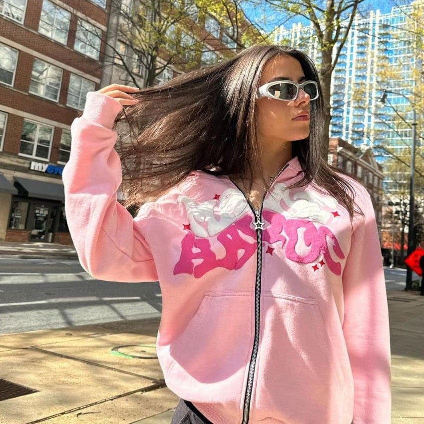 PINK ZIP-UP HOODIE SUGAR GLOW ZIP-UP WITH RAISED LETTERING