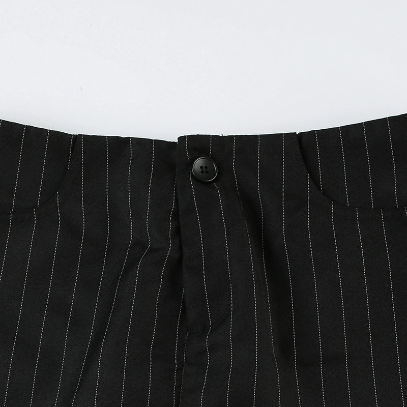 PINSTRIPED BLACK MINISKIRT WITH CHIC LOW WAIST DESIGN