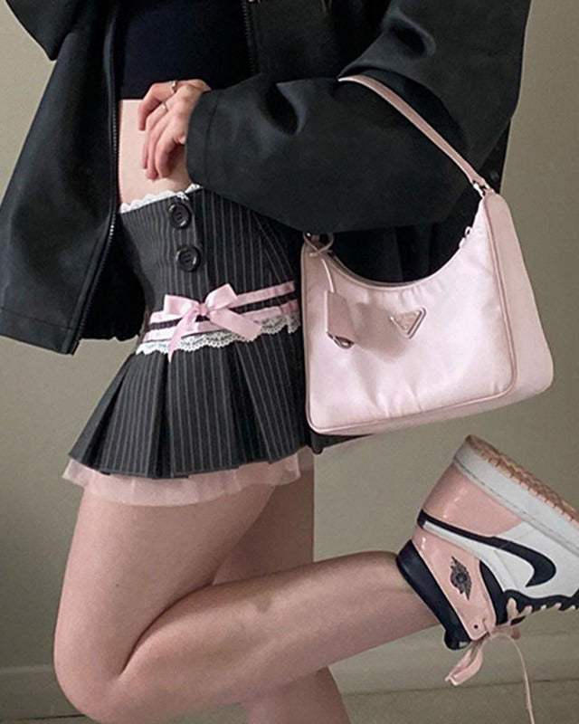 PINSTRIPED PLEATED SKIRT WITH PINK RIBBON FOR WOMEN