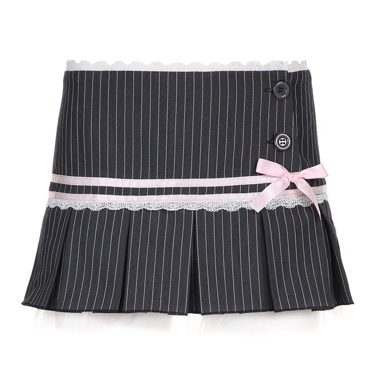PINSTRIPED PLEATED SKIRT WITH PINK RIBBON FOR WOMEN