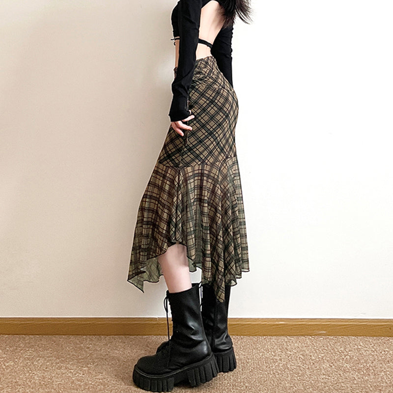 PLAID ASYMMETRICAL MESH SKIRT EDGY ELEGANCE