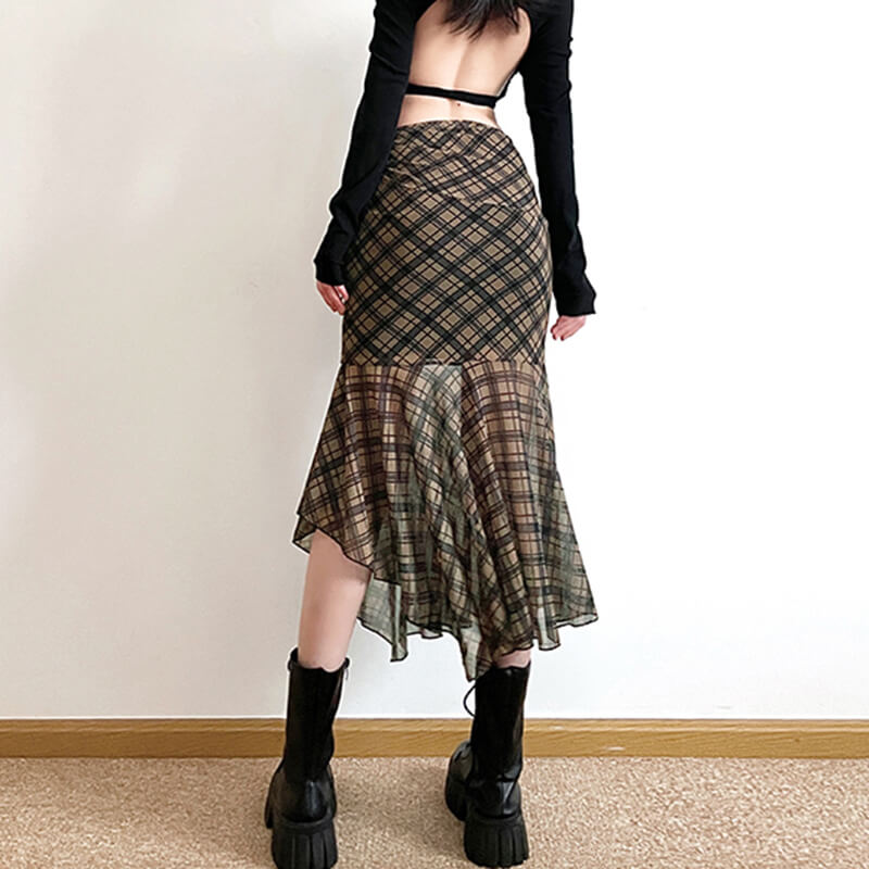 PLAID ASYMMETRICAL MESH SKIRT EDGY ELEGANCE