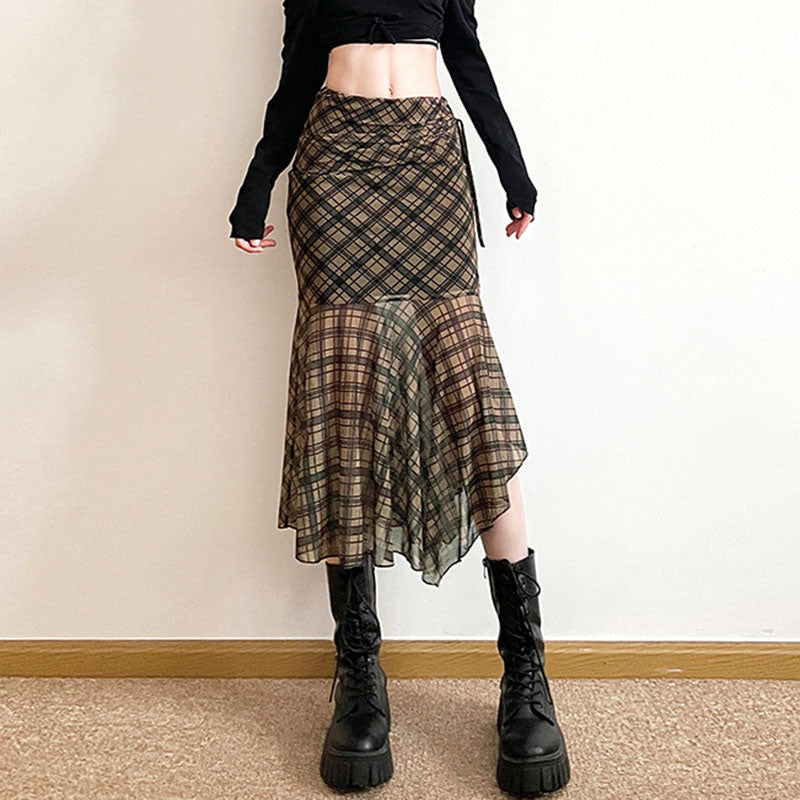 PLAID ASYMMETRICAL MESH SKIRT EDGY ELEGANCE
