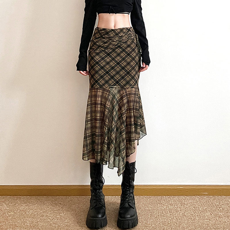 PLAID ASYMMETRICAL MESH SKIRT EDGY ELEGANCE