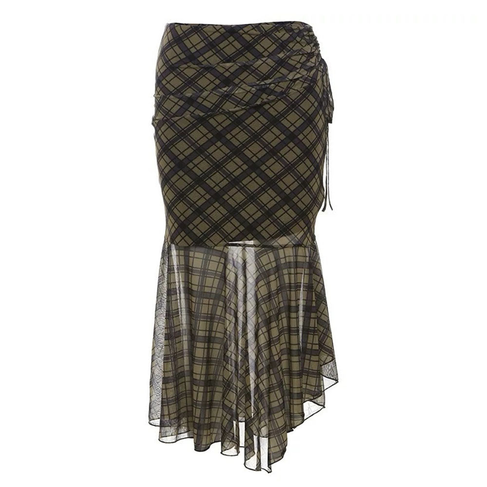PLAID ASYMMETRICAL MESH SKIRT EDGY ELEGANCE