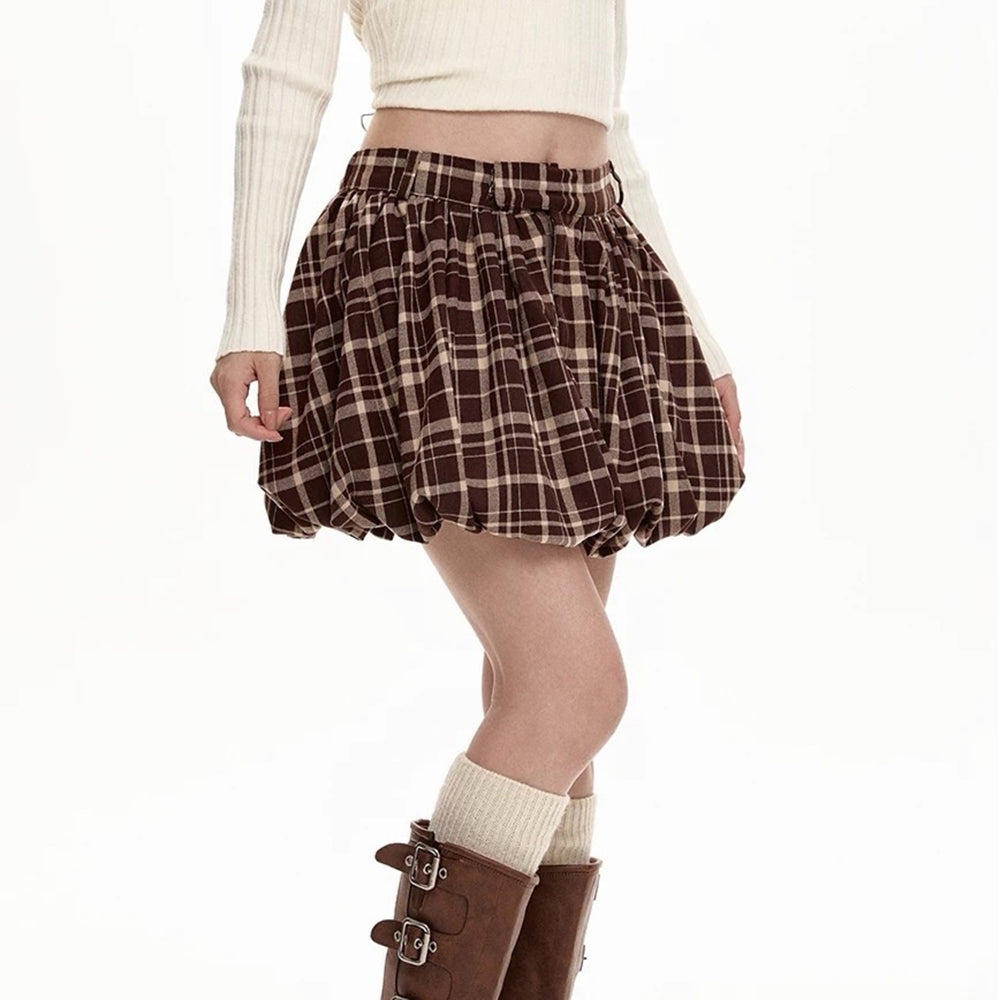 PLAID BALLOON MINI SKIRT PREPPY PLAID BALLOON