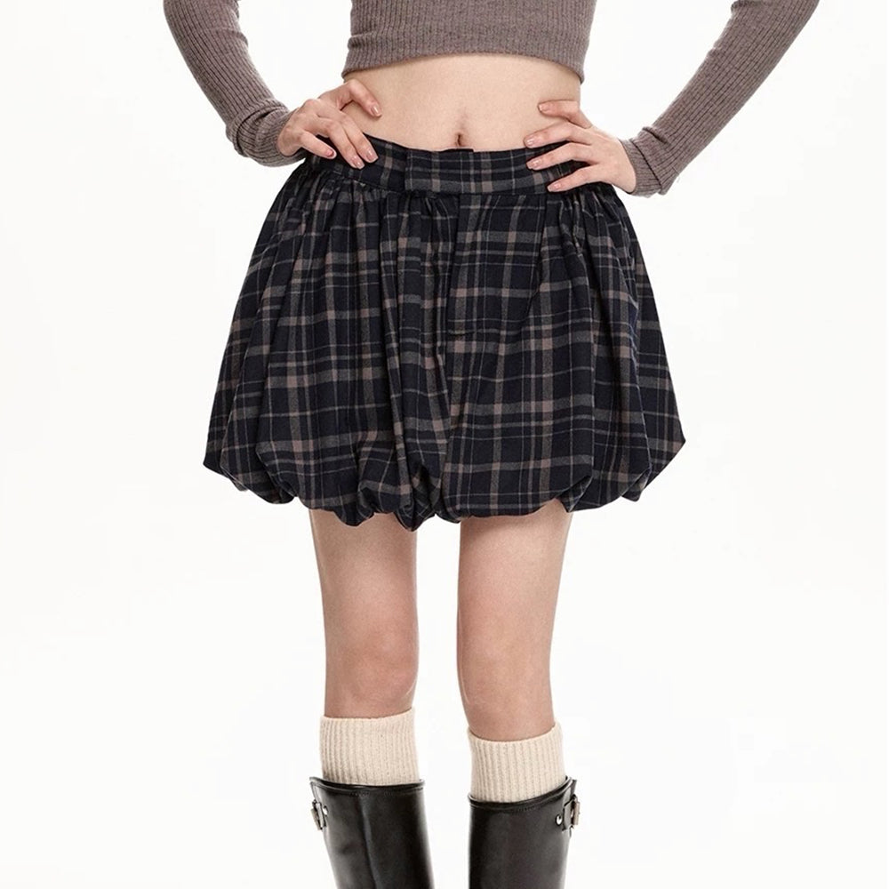 PLAID BALLOON MINI SKIRT PREPPY PLAID BALLOON