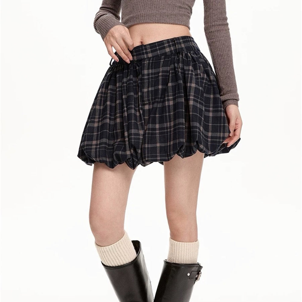 PLAID BALLOON MINI SKIRT PREPPY PLAID BALLOON