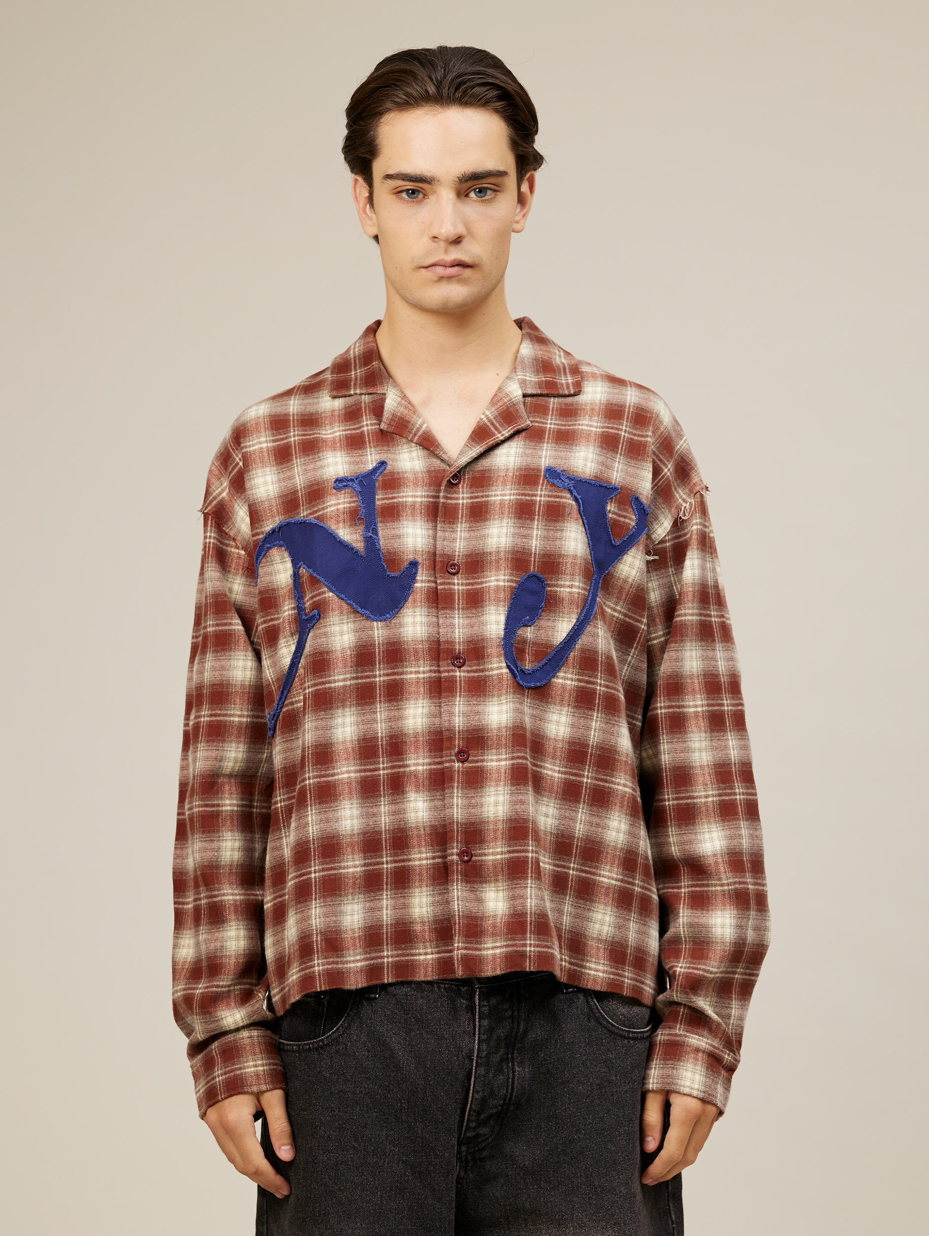 PLAID BUTTON-DOWN SHIRT WITH NY LETTERING AND APPLIQUE EMBROIDERY