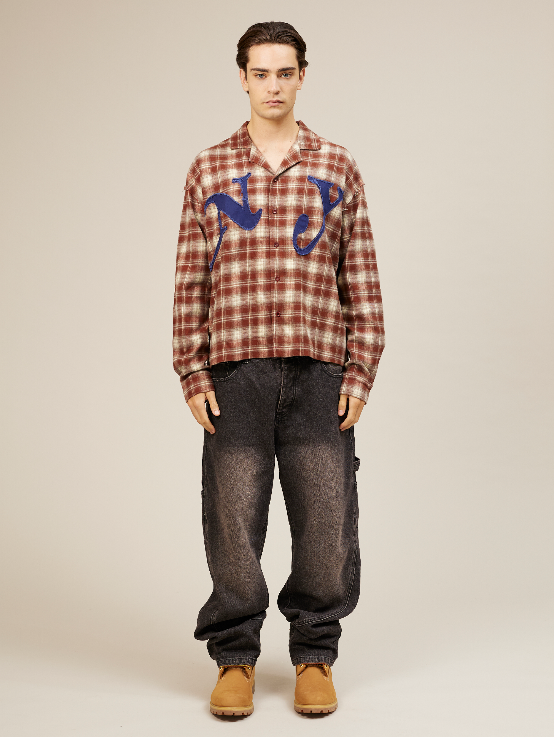 PLAID BUTTON-DOWN SHIRT WITH NY LETTERING AND APPLIQUE EMBROIDERY