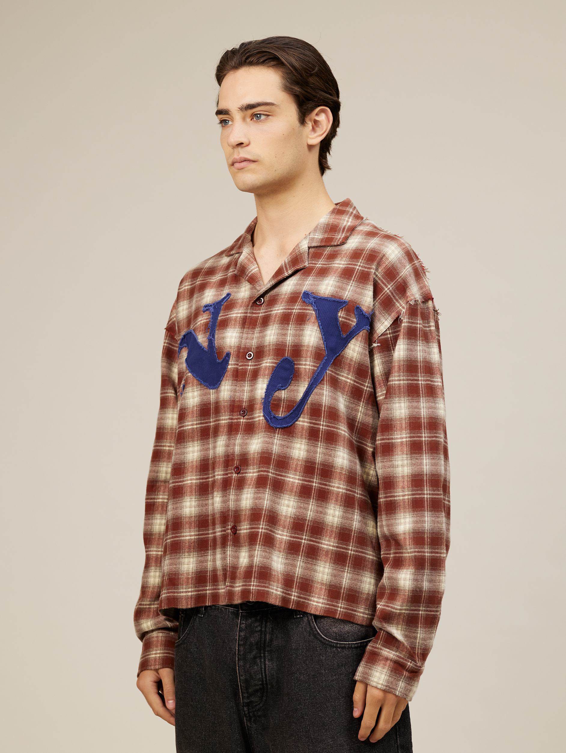 PLAID BUTTON-DOWN SHIRT WITH NY LETTERING AND APPLIQUE EMBROIDERY