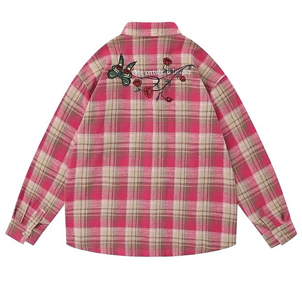 PLAID BUTTON-UP SHIRT: BEIGE AND PINK PLAID BUTTON-UP