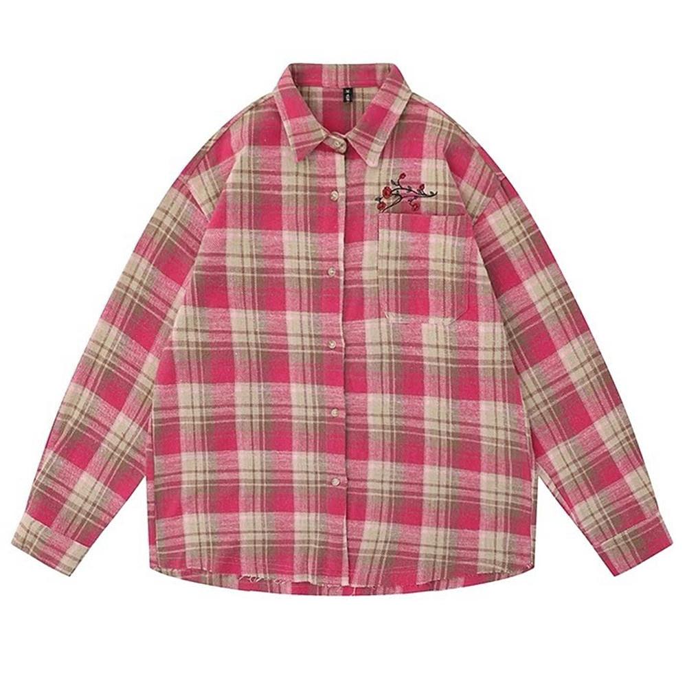 PLAID BUTTON-UP SHIRT: BEIGE AND PINK PLAID BUTTON-UP