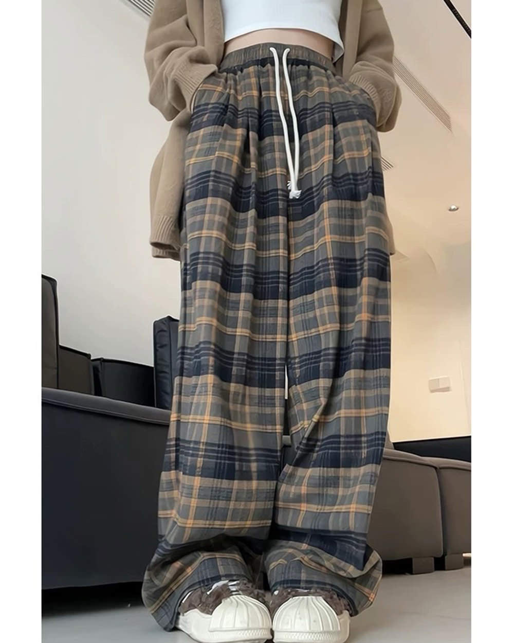 PLAID DRAWSTRING PANTS GRANDMA AESTHETIC COZY TROUSERS