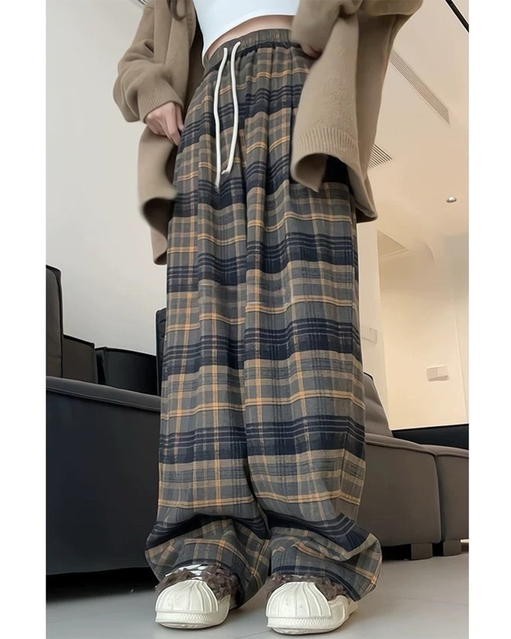 PLAID DRAWSTRING PANTS GRANDMA AESTHETIC COZY TROUSERS