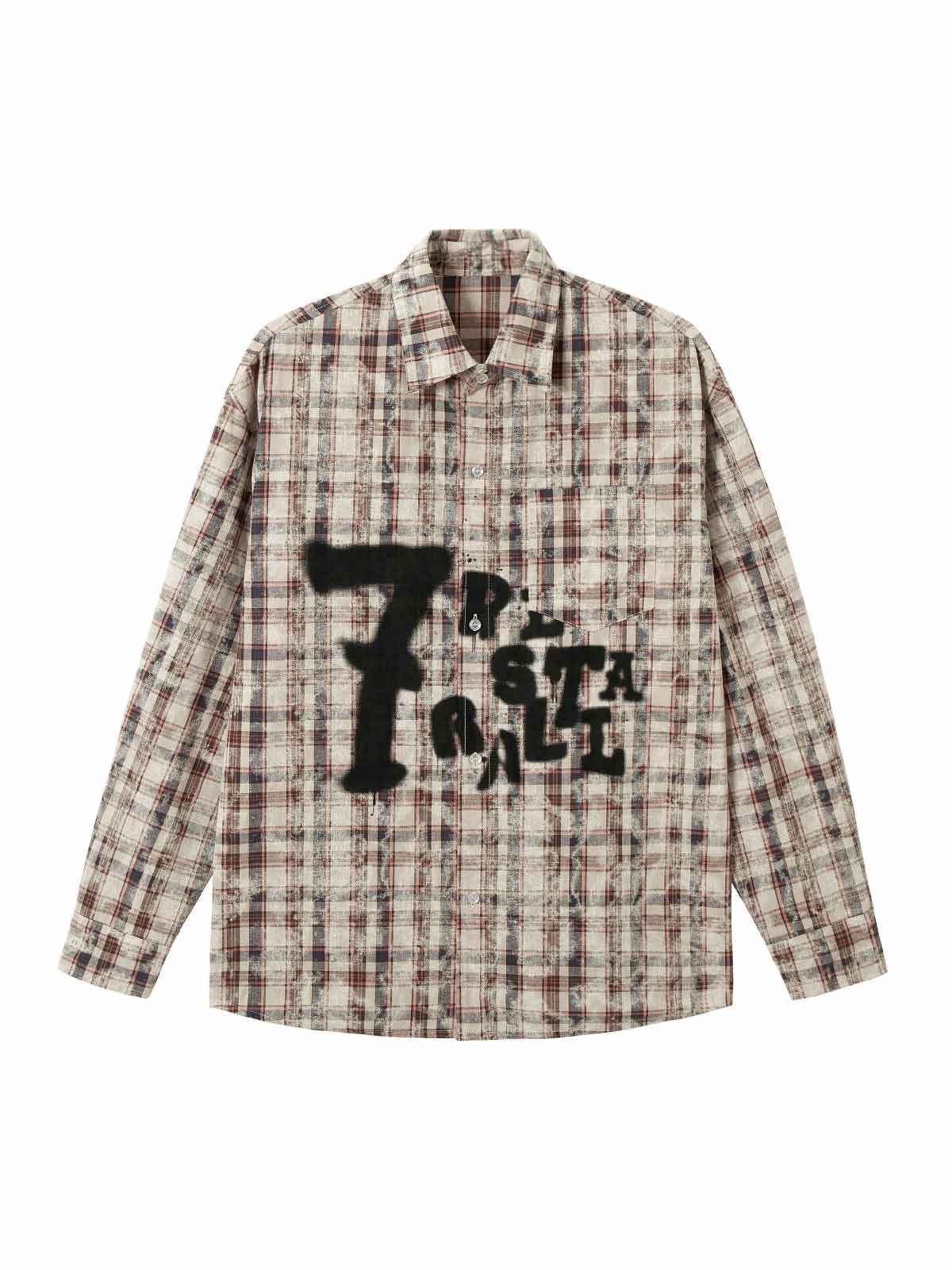 PLAID LONG SLEEVE SHIRT WITH GRAPHIC AND LAPEL COLLAR PRINTED DESIGN