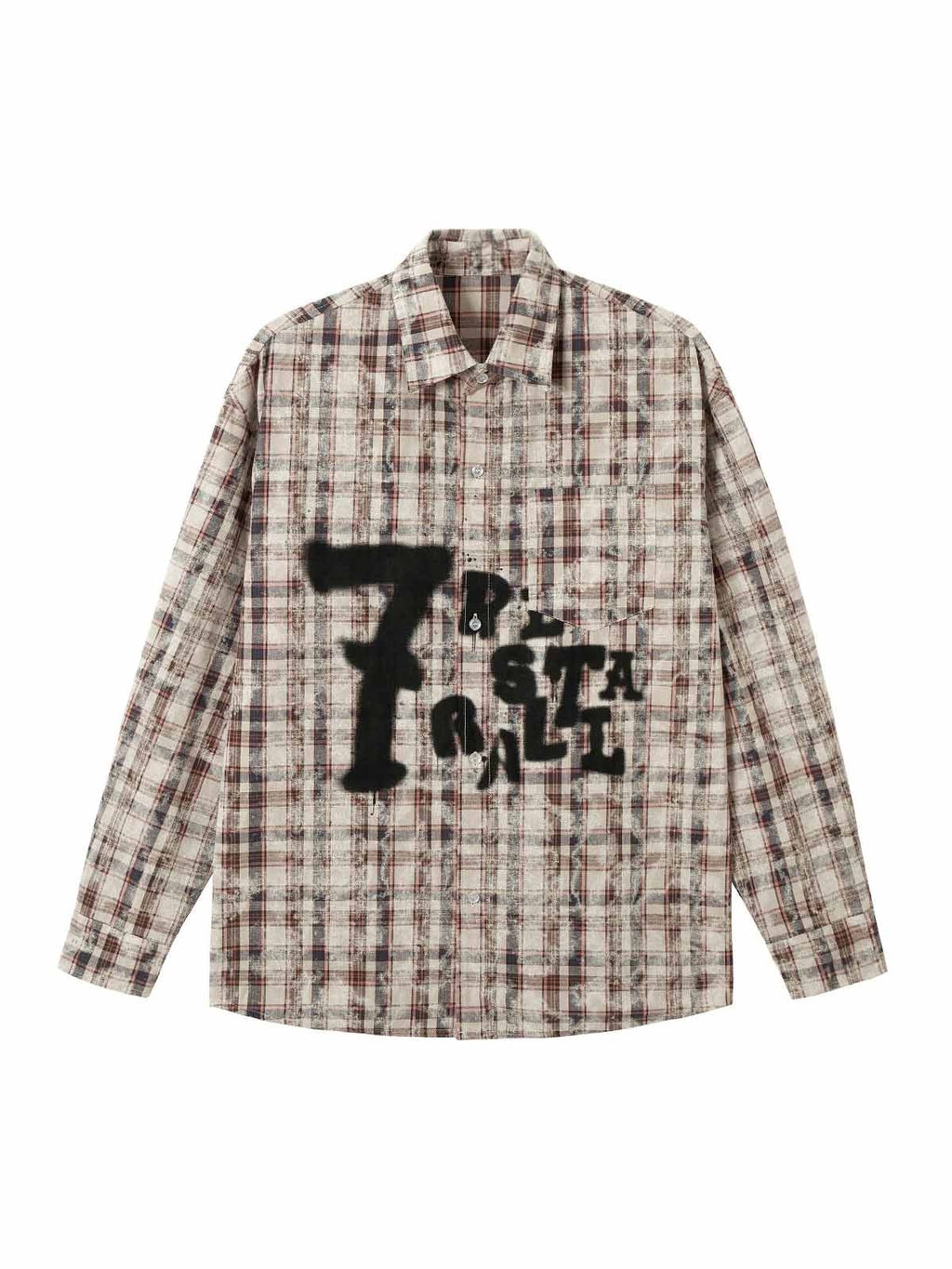 PLAID LONG SLEEVE SHIRT WITH GRAPHIC AND LAPEL COLLAR PRINTED DESIGN