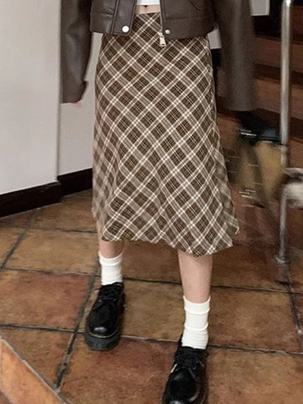 PLAID MIDI SKIRT WITH PLATFORM SHOES - VINTAGE CHECKERED LOW WAIST STYLE