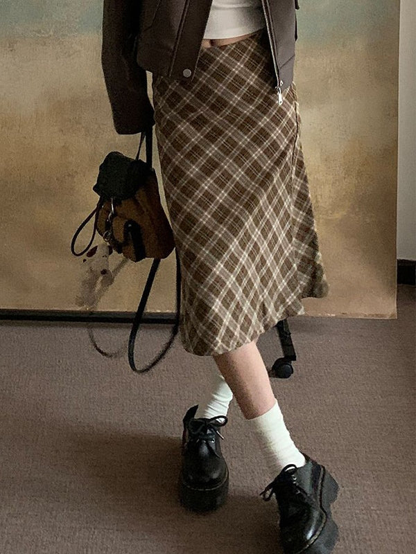 PLAID MIDI SKIRT WITH PLATFORM SHOES - VINTAGE CHECKERED LOW WAIST STYLE