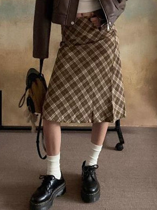 PLAID MIDI SKIRT WITH PLATFORM SHOES - VINTAGE CHECKERED LOW WAIST STYLE