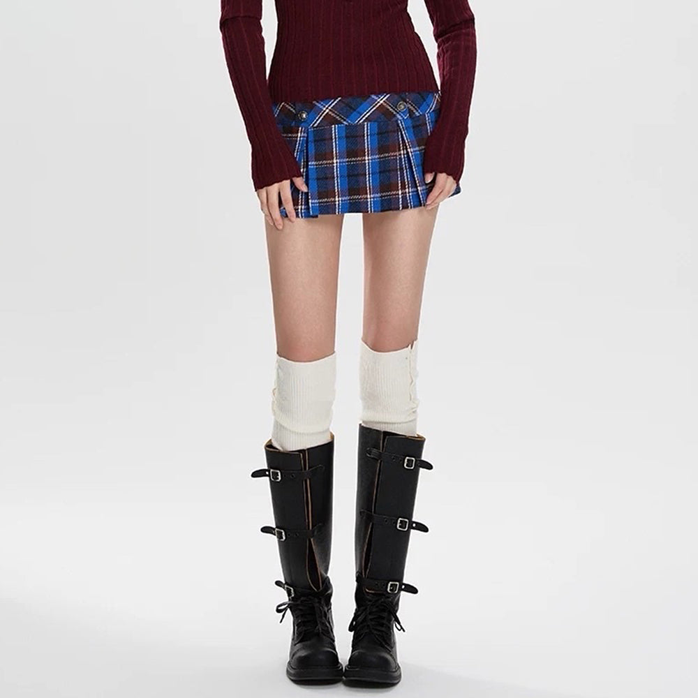 PLAID MINI SKIRT: BLUE BROWN CLASS PLAID MINI