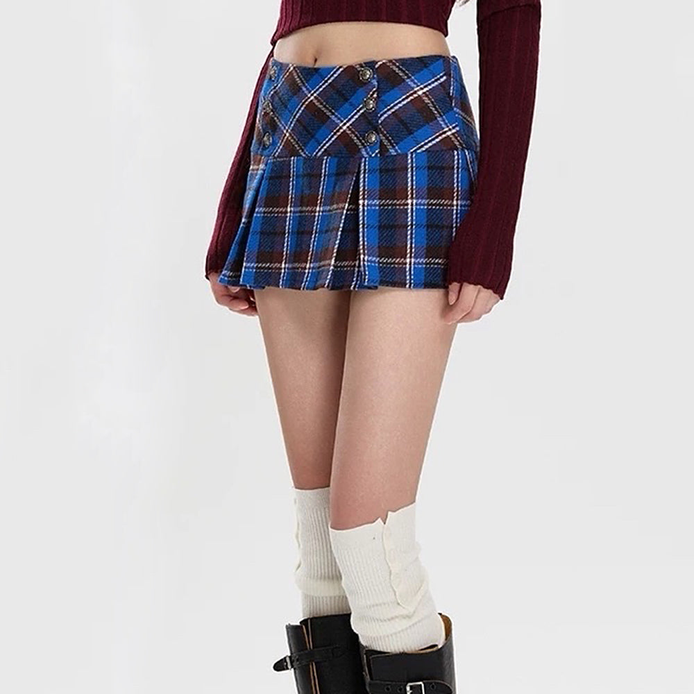 PLAID MINI SKIRT: BLUE BROWN CLASS PLAID MINI