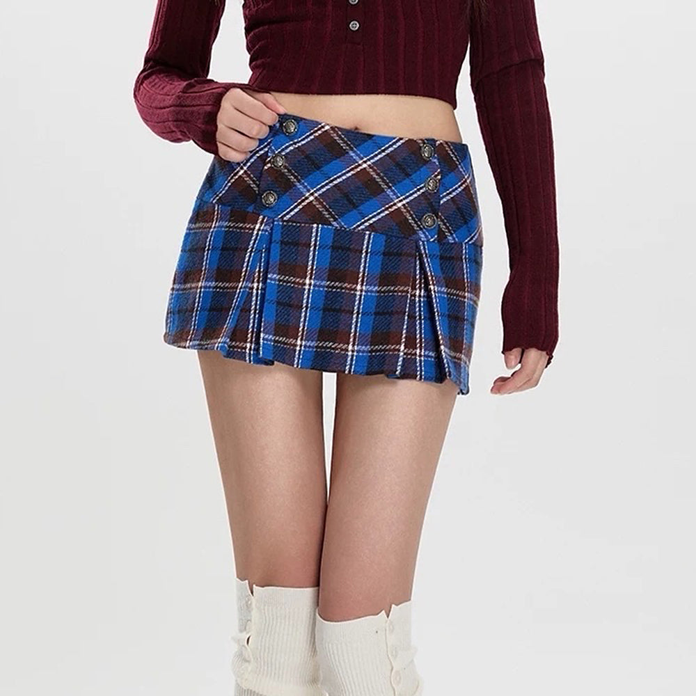 PLAID MINI SKIRT: BLUE BROWN CLASS PLAID MINI